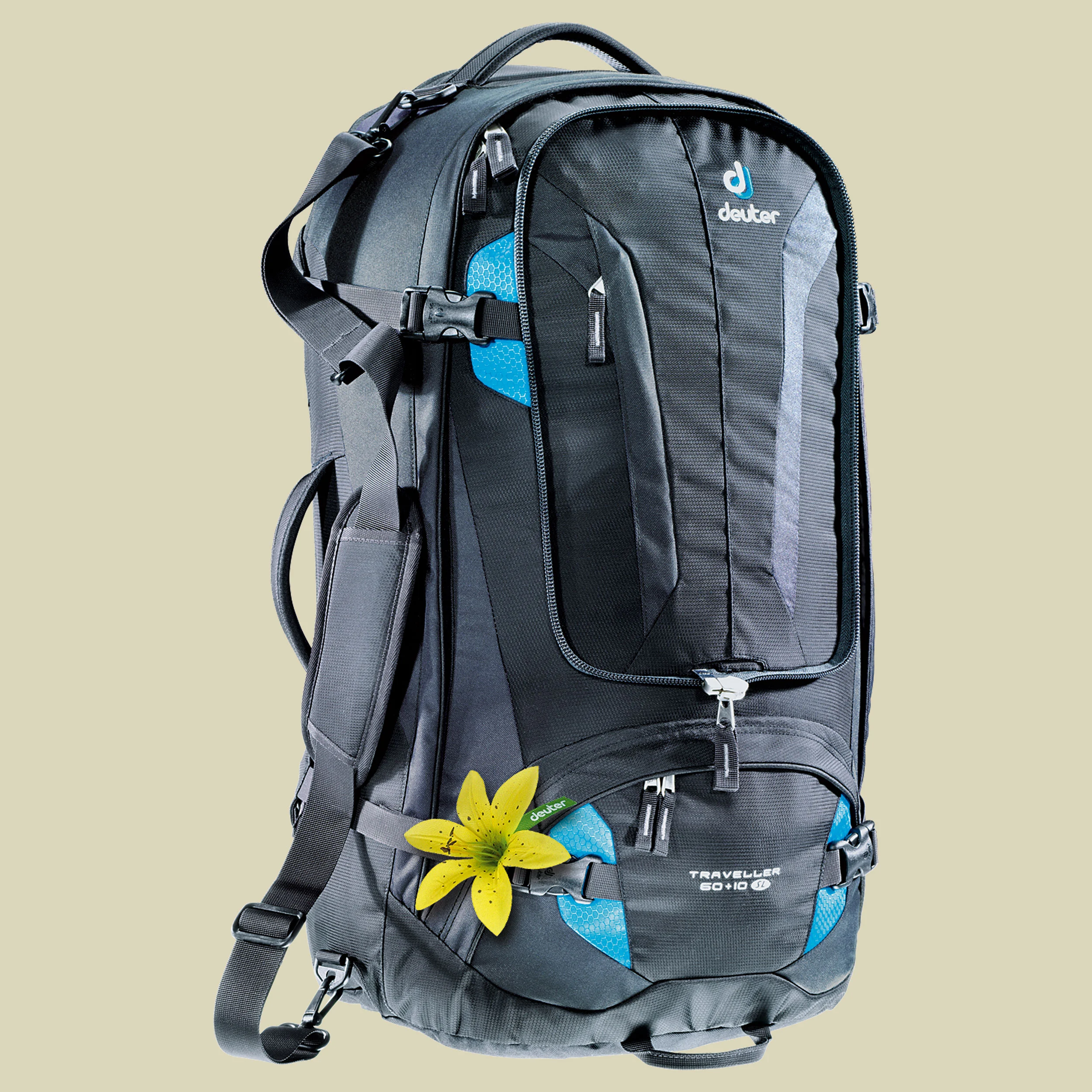 deuterTraveller 60 + 10 SL Volumen 60 + 10 L plus 15 L Daypack Farbe black-turquoise