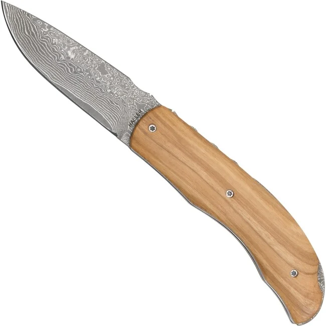 Haller Damast Survival Messer mit Damaststahl Damast-Taschenme Olivenholz