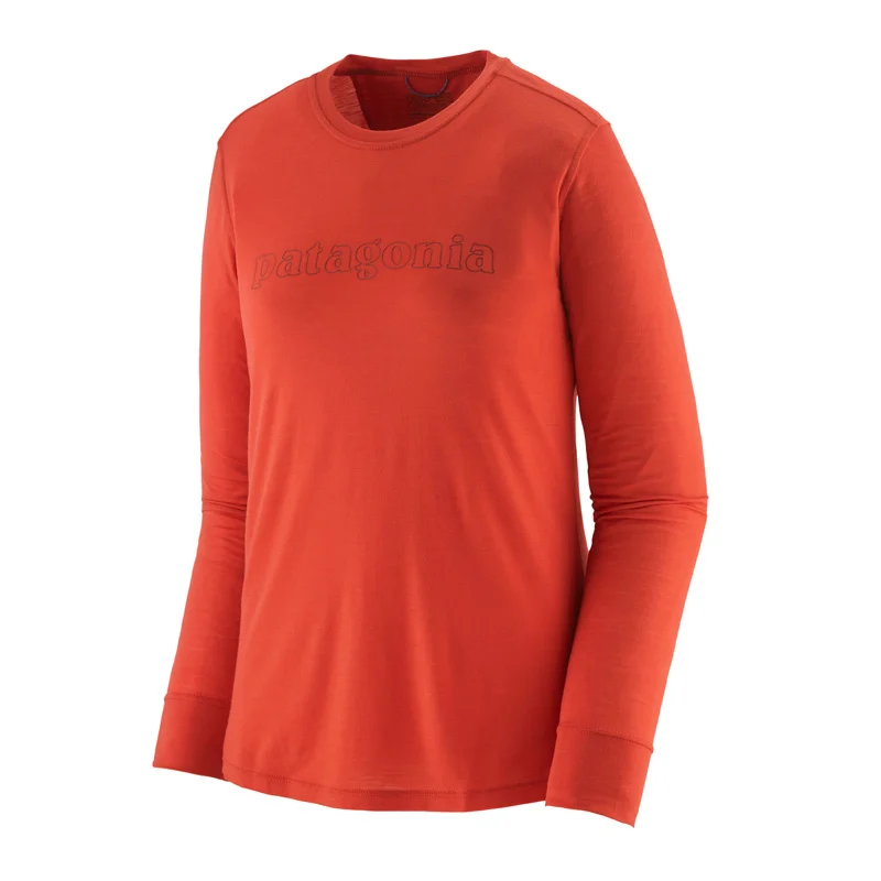 Patagonia Womens L/S Cap Cool Merino Graphic Shirt Outline Text Logo: Madder Red (Auslaufware)