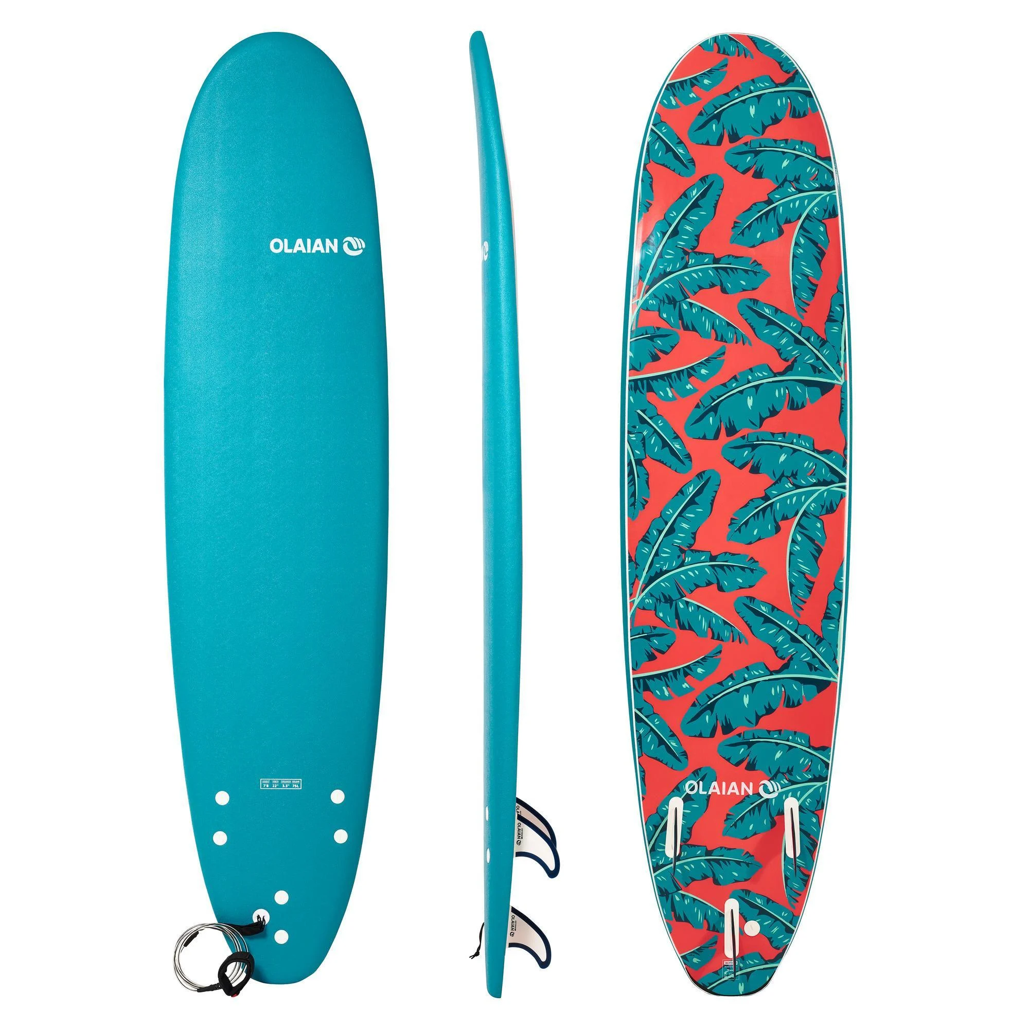 Surfboard Schaumstoff 500 7’8″ inkl. Leash und 3 Finnen